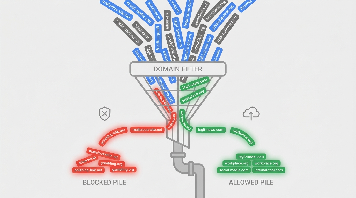 Vector illustration of a stream of domain names being sorted by a classifier into blocked and allowed lists