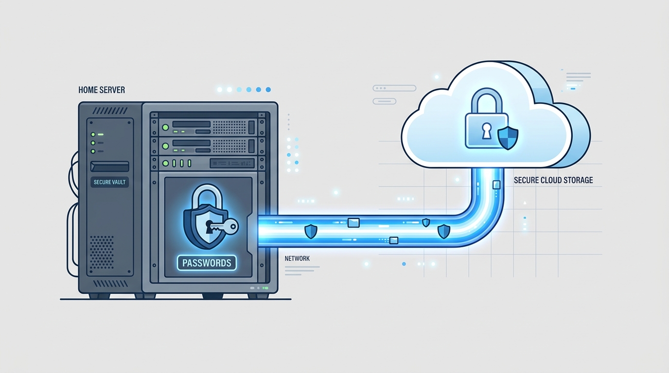 Diagram of a phone and laptop syncing through a Cloudflare Tunnel to a Vaultwarden container on a home server